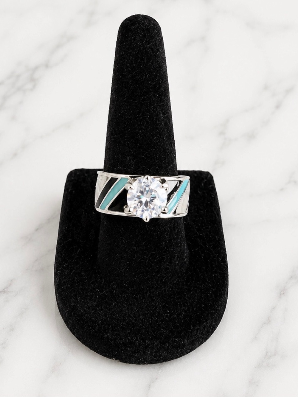 Turquoise Accent Ring with Clear Cubic Zirconia Center Stone-Silver Tone-Size 7